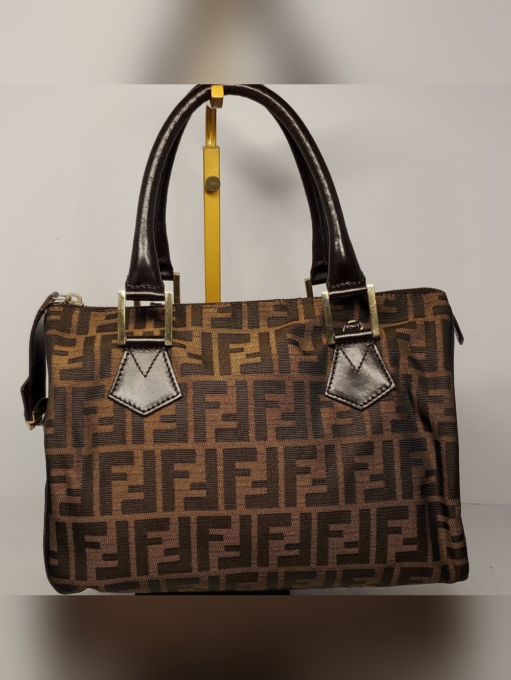 Authentic Fendi Brown Zucca Canvas Boston Bag with Leather Trim